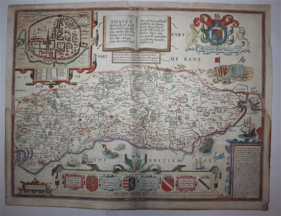 Norden and Speede, coloured engraving, Map of Sussex 1610, 41 x 53cm, unframed